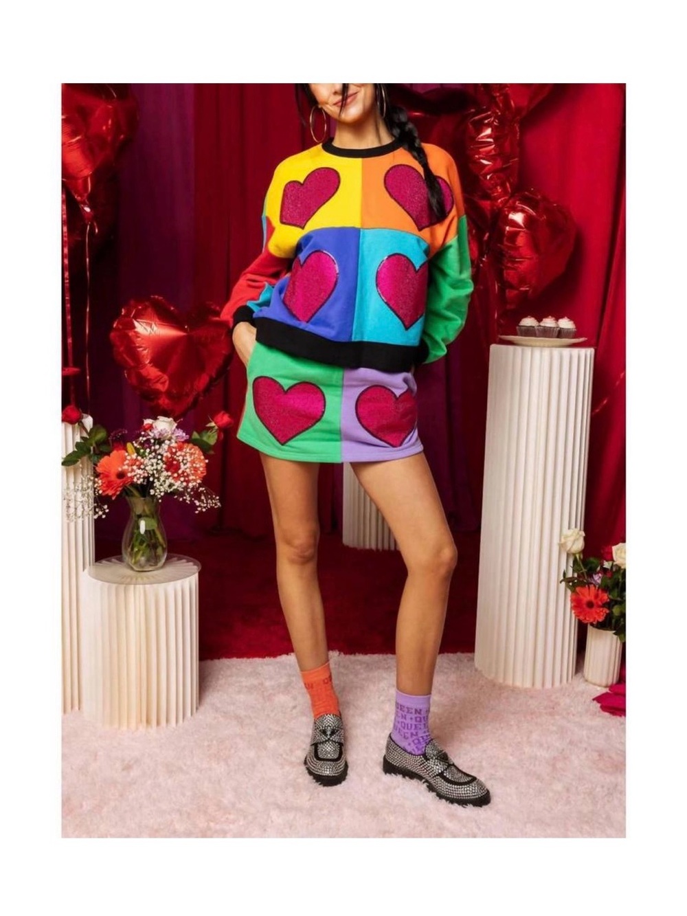 QUEEN OF SPARKLES Turquoise & Red Colorblock Skort with Pink Sequin Hearts